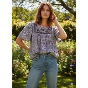 Lucky Brand Embroidered Peasant Blouse Floral Print Purple Pink Women's Top